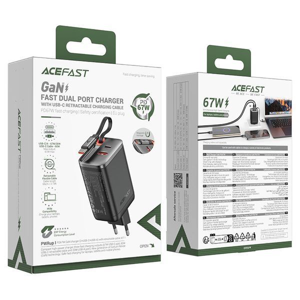 Сетевое зарядное устройство с кабелем ACEFAST A111 PD67W GaN charger(2*USB-C+USB-A) with retractable cable Black