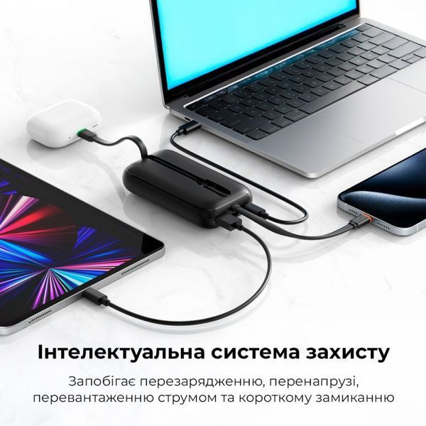 Внешний аккумулятор VEGER 10000 mAh with built-in cables C/ Lightning PD QC3.0 35W K1 (W1188) black