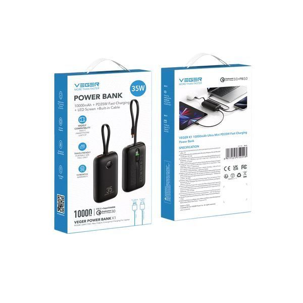 Внешний аккумулятор VEGER 10000 mAh with built-in cables C/ Lightning PD QC3.0 35W K1 (W1188) black