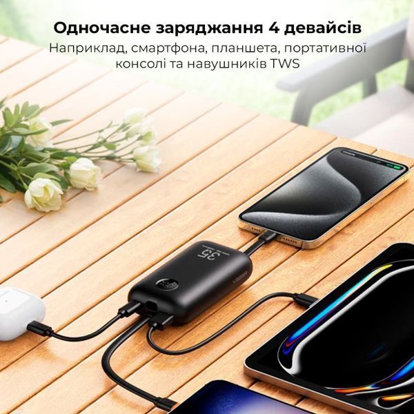 Внешний аккумулятор VEGER 10000 mAh with built-in cables C/ Lightning PD QC3.0 35W K1 (W1188) black