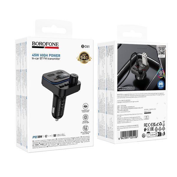 ОЗУ с FM-модулятором BOROFONE BC61 Ocean 45W(1A1C) car BT FM transmitter Black