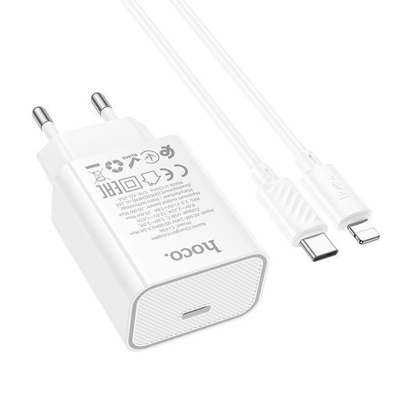 Сетевое зарядное устройство с кабелем HOCO C143A Benefit single port PD20W charger set(C to iP) White