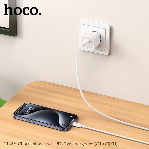 Сетевое зарядное устройство с кабелем HOCO C146A Charm single port PD20W Charger Set (C to C) (EU) White