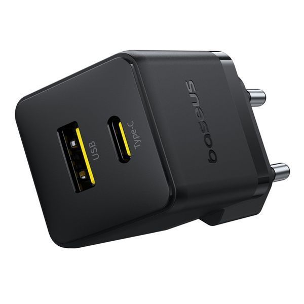Мережевий зарядний пристрій Baseus Palm Fast Charger C+U 20W EU Cluster Black (with Baseus Mini White Cable USB-C to USB-C 60W (20V/3A) 1m Cluster Bla