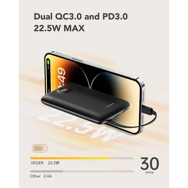 Внешний аккумулятор VEGER 10000 mAh с помещенными cables Тип C / Lightning PD QC3.0 2A 22,5W C11 (W1170) black