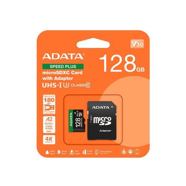 Карта памяти microSDXC (UHS-1 U3) A-DATA SPEED PLUS 128Gb Class 10 V30 A2 (R-180Mb/s W160Mb/s) (adapter SD)