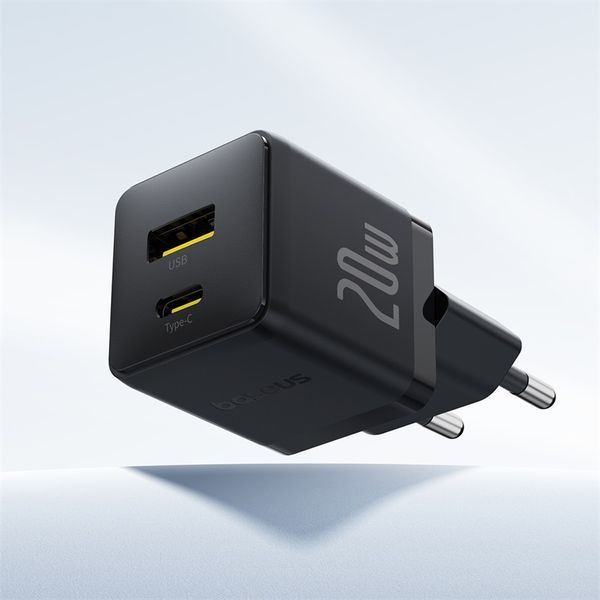 Мережевий зарядний пристрій Baseus Palm Fast Charger C+U 20W EU Cluster Black (with Baseus Mini White Cable USB-C to USB-C 60W (20V/3A) 1m Cluster Bla