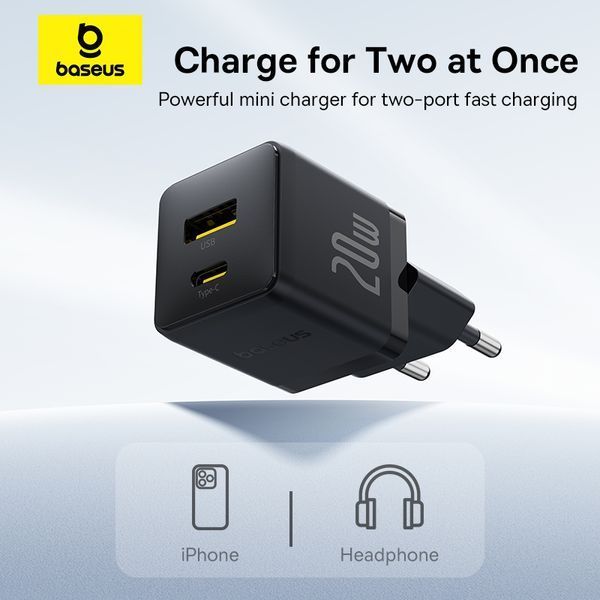 Мережевий зарядний пристрій Baseus Palm Fast Charger C+U 20W EU Cluster Black (with Baseus Mini White Cable USB-C to USB-C 60W (20V/3A) 1m Cluster Bla