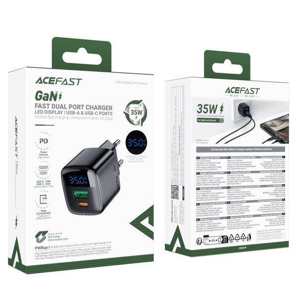 Мережевий зарядний пристрій ACEFAST A116 PD35W GaN charger (USB-A+USB-C) with digital display Black