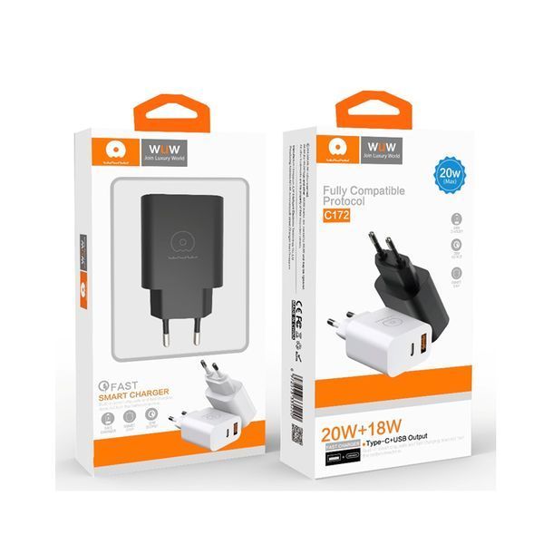 Сетевое зарядное устройство WUW-C172 20W PD USB-C + USB QC3.0 18W white