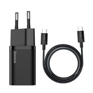 Сетевое зарядное устройство с кабелем Baseus Super Si Quick Charger 1C 25W EU Sets Black (With Mini White Cable C to C 3A 1m Black)