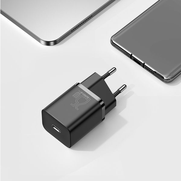 Сетевое зарядное устройство с кабелем Baseus Super Si Quick Charger 1C 25W EU Sets Black (With Mini White Cable C to C 3A 1m Black)