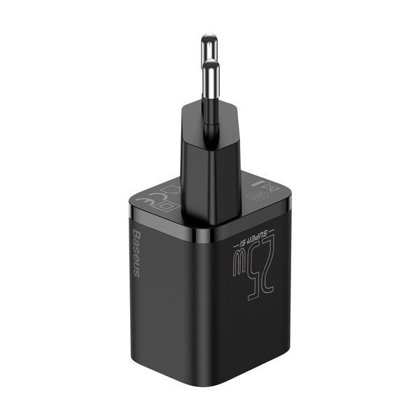Сетевое зарядное устройство с кабелем Baseus Super Si Quick Charger 1C 25W EU Sets Black (With Mini White Cable C to C 3A 1m Black)