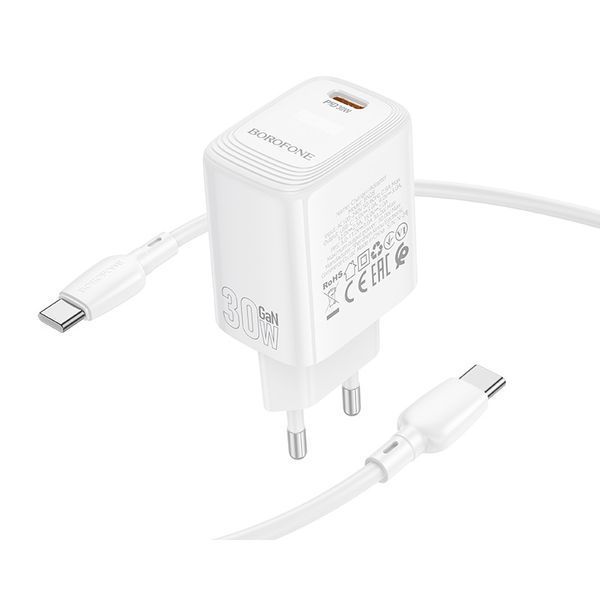 Сетевое зарядное устройство с кабелем BOROFONE BN28 Fuente single port PD30W Charger Set (C to C) (EU) White