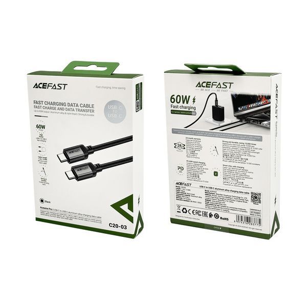 Кабель ACEFAST C20-03 USB-C to USB-C aluminum alloy charging data cable Black
