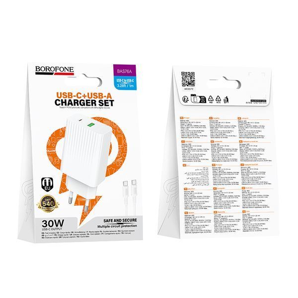 Мережевий зарядний пристрій з кабелем BOROFONE BAS76A Source PD30W+QC3.0 charger set(C to C) White
